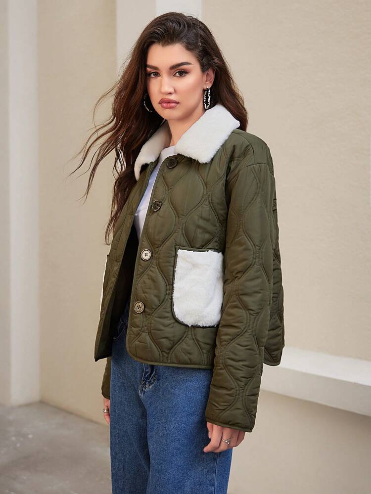 Fuzzy Collar And Pocket Quilted Puffer Jacket Fall Cloth For Women