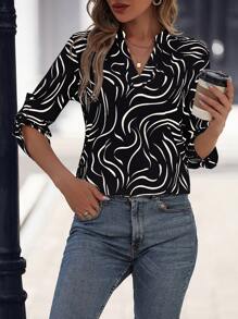 SHEIN LUNE Notched-Neckline Printed Top - Black - View 1