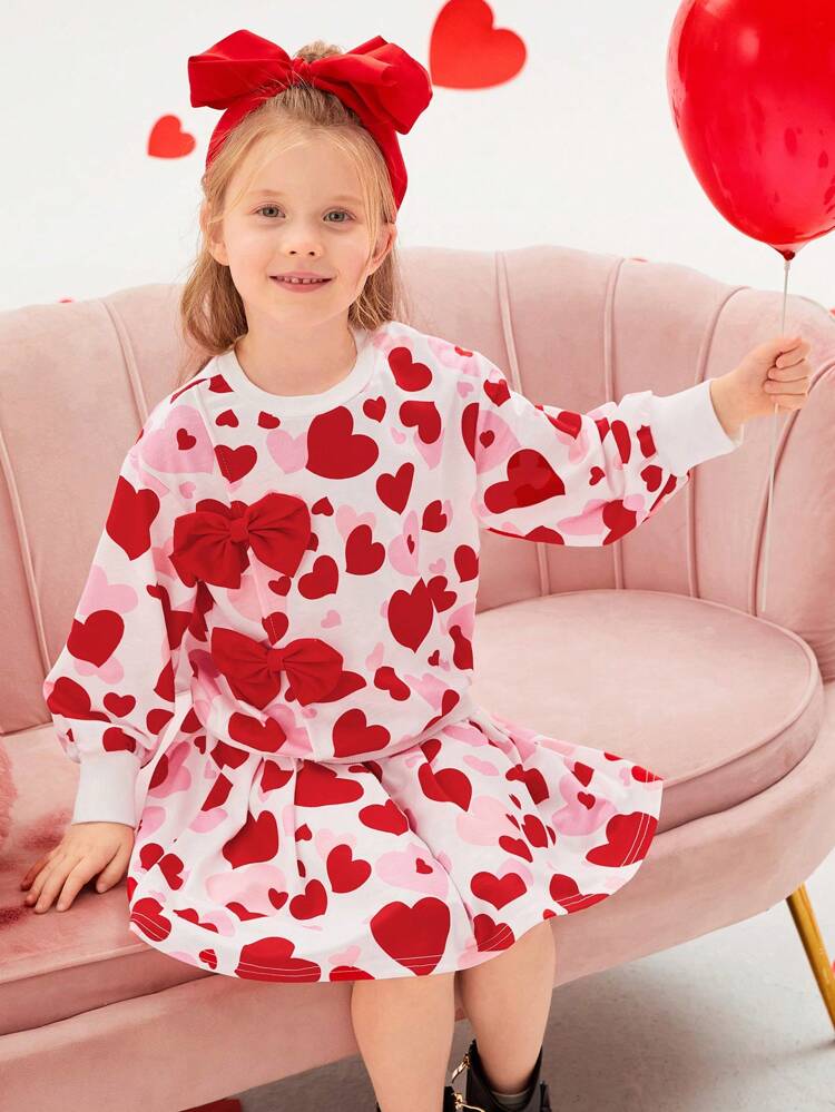 Young Girl Heart & Bowknot Decor Long Sleeve Top & Skirt Two-Piece Set For Autumn And Winter