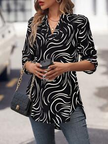 SHEIN LUNE Notched-Neckline Printed Top - Black - View 3