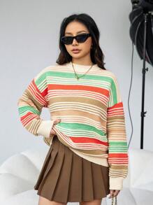 GENKIRA Drop Shoulder Stripe Knit Pullover Fall Winter Sweater - Multicolor - View 3