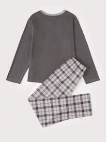 Tween Girl Slogan Printed T-Shirt And Checked Long Pants Homewear Set - Dark Grey - View 2