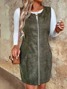 SHEIN LUNE Plus Size Sleeveless Zipper Up Shift Dress - Army Green - View 3