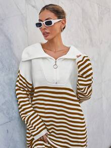 EURMUSE 半拉鍊條紋毛衣連身裙 - 駝色 - 查看 4