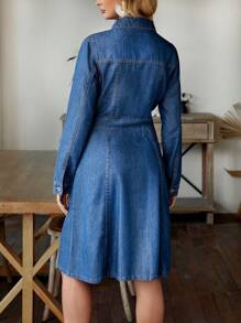 SHEIN LUNE Peter Pan Collar Long Sleeve Denim Dress - Blue - View 2