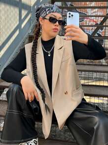 SHEIN EZwear Plus Lapel Neck Double Button Vest Blazer - Khaki - View 3
