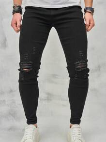 Men's Casual Black Ripped Jeans, Grunge - Black - View 1