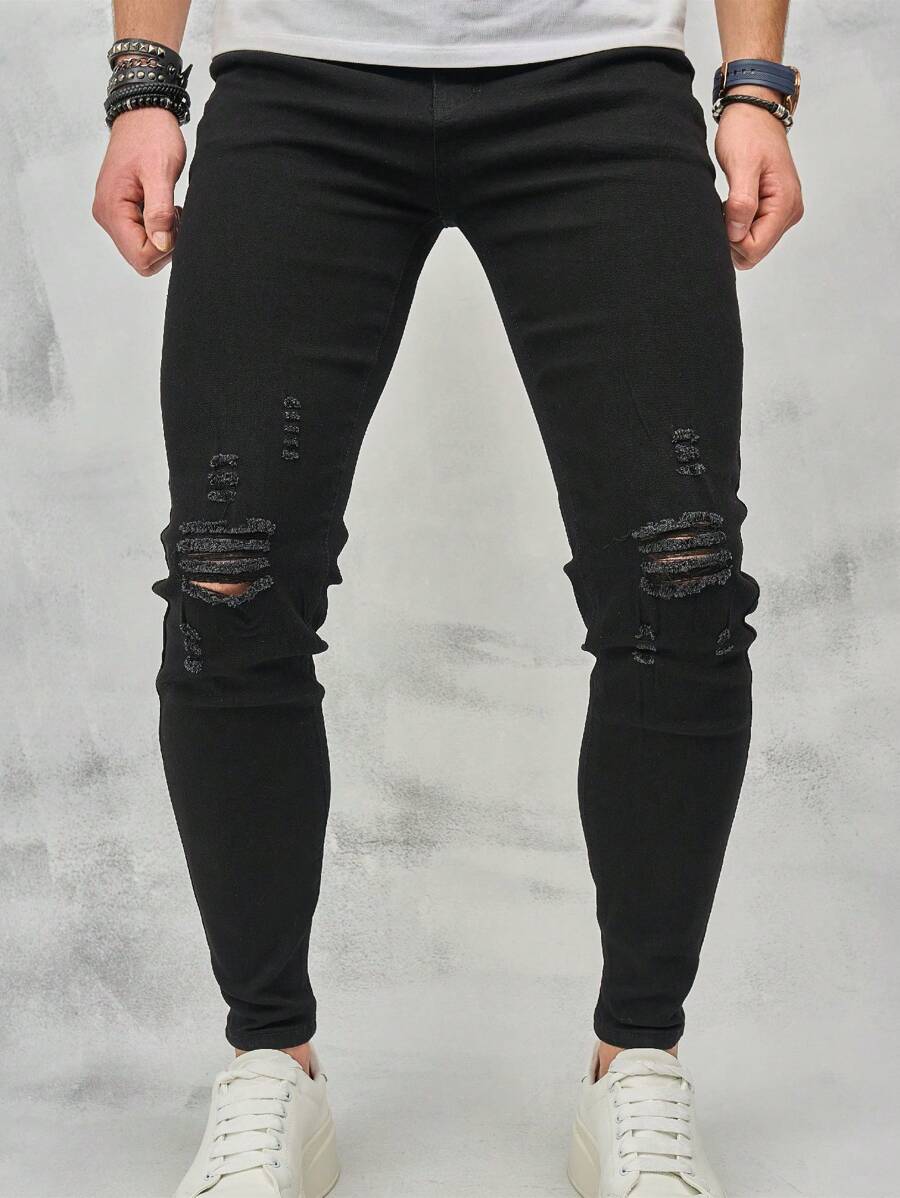 Men's Casual Black Ripped Jeans, Grunge - Black - View 1