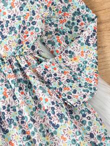 SHEIN Young Girls Country Style Floral Print Peter Pan Collar Dress With Blue Long Sleeve Top 2pcs/Set