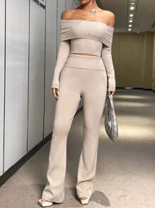 SHEIN Unity Off-shoulder Cropped Sweater And Wide-leg Knitted Pants Set - Apricot - View 6