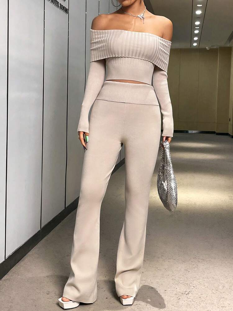 Off-shoulder Cropped Sweater And Wide-leg Knitted Pants Set