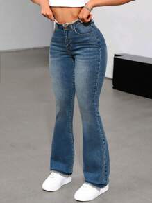 SHEIN ICON Jeans Acampanados Con Borde Fruncido Y Lavado - Azul - Ver 1