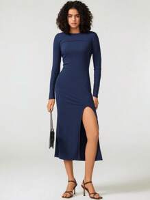 Cacao Bloom 设计师女士纯色开叉露背背心连衣裙，搭配短款上衣，适合度假、外出、节日 - 寶藍色 - 查看 1