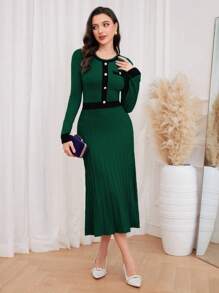 Modelyn 對比色針織連衣裙帶有鈕扣裝飾 - 綠色 - 查看 5