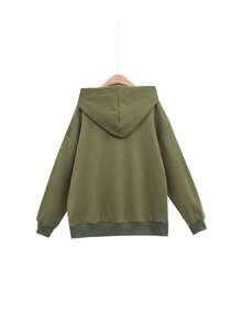 Flirla Plus Size Hooded Sweatshirt With Letter Embroidery And Drawstring, Thickened - Army Green - View 2