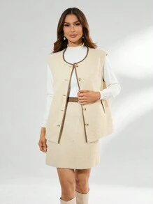 GENKIRA Ensemble Deux Pièces Gilet Et Jupe À Bordure De Couleur Contrastée Pour Femmes - Camel - Voir 1