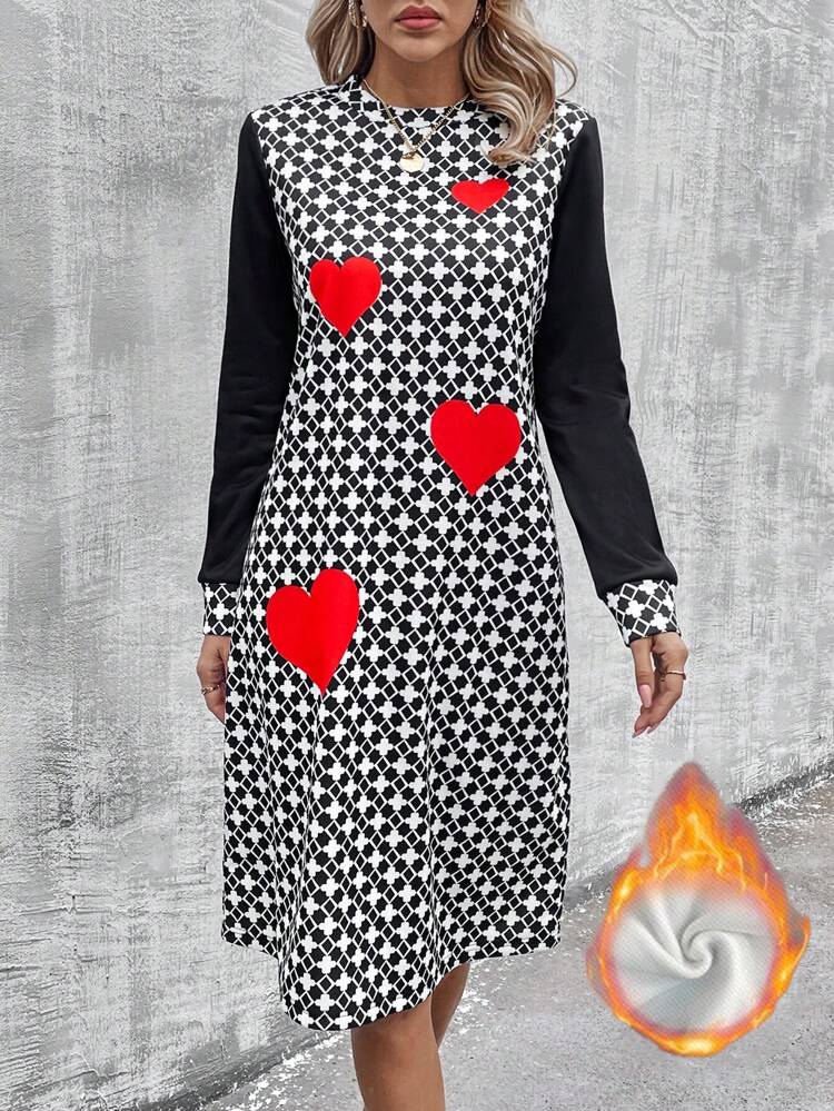 Women's Grid Heart Printed Straight Thermal Lined Dress