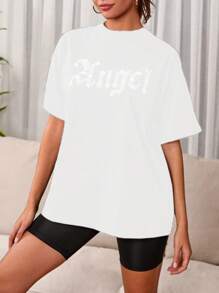 SHEIN Cottnline Rhinestone Letter Decor Short Sleeve T-shirt - White - View 1