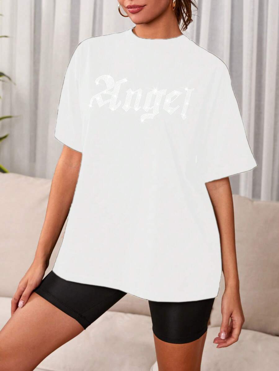 SHEIN Cottnline Rhinestone Letter Decor Short Sleeve T-shirt - White - View 1