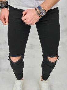 Men's Distressed Slim Fit Denim Jeans, Grunge - Black - View 8