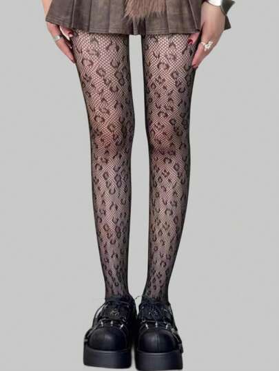 Goth 1pair Women's Four-season Black Leopard Print Fishnet Stockings