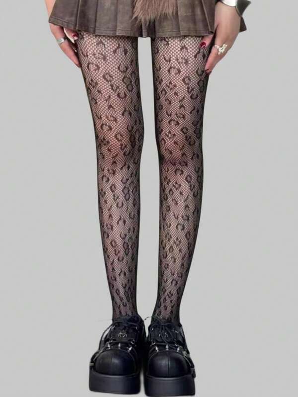 ROMWE Goth 1 Par De Calcetines De Red Con Estampado De Leopardo Para Mujer En Cuatro Estaciones