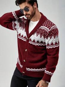 Manfinity 男士幾何圖案印花披肩領開衫毛衣 - 玫紅色 - 查看 3