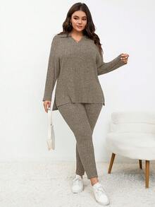 SHEIN Frenchy 大尺碼單色休閒兩件套裝 - 棕色 - 查看 4