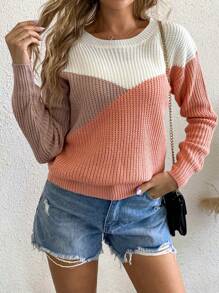 AAmilife Round Neck Long Sleeve Color Block Drop Shoulder Sweater - Pink - View 1