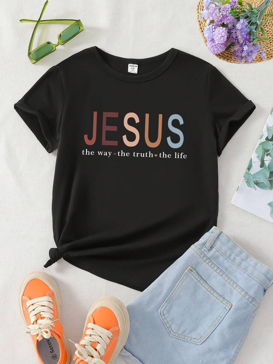 SHEIN Tween Girl Short Sleeve Round Neck T-Shirt With Letter Print