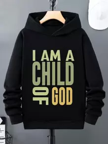 青少年男孩口號印花帽衫長袖衣,適合秋冬季節 - 黑色 - 查看 1