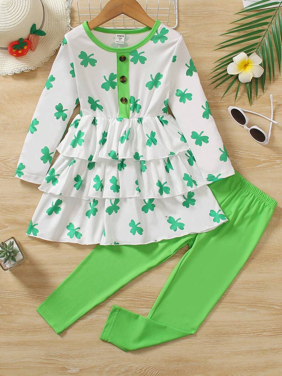 SHEIN Little Girls' Clover Pattern Printed Long Sleeve Top And Pants Set - Green - View 1