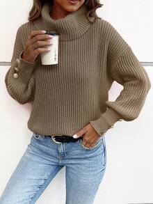 Women's Loose High Neck Sweater, Casual Formal Ribbed Knit Button Up Long Sleeve Pullover, Nutmeg Color, Long Sleeve Top - Mocha Brown - View 8
