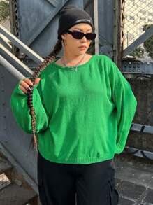 SHEIN EZwear Kích thước lớn Xu hướng: Cắt giảm Màu thuần Áo chui đầu Áo len Với Trở lại Chi tiết cà vạt - màu xanh lá - Xem 6