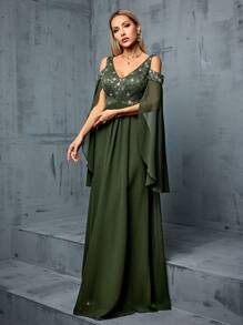 Sexy V-Neck Cold Shoulder Sequins Decorated Ruffle Long Sleeve Chiffon Dress - Olive Green - View 4