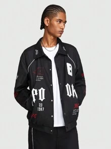 ROMWE MEN Prep 男士字母印花翻領外套 - 黑色 - 查看 5