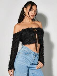 SHEIN BAE 浪漫毛絨花卉一字肩喇叭袖正面繫帶上衣 - 黑色 - 查看 4