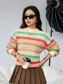 GENKIRA Drop Shoulder Stripe Knit Pullover Fall Winter Sweater - Multicolor - View 5