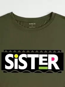 SHEIN Slayr Letter Print Short Sleeve T-shirt - Army Green - View 3
