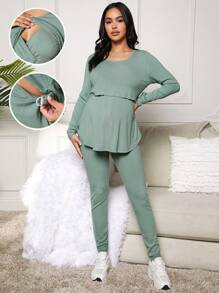 MaterniWear Conjunto De Enfermería De Pantalones Y Top De Manga Larga De Color Sólido De Maternidad