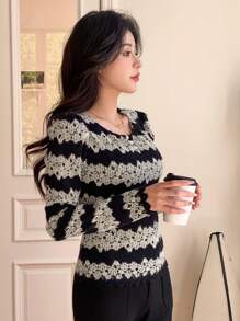 DAZY Faux Pearl Decorated Long Sleeve Top,Fall Clothes - Black - View 3