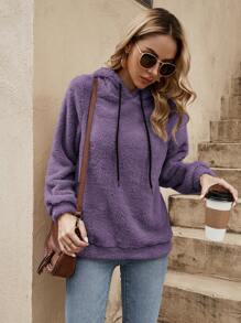 SHEIN LUNE Solid Color Fleece Drawstring Hoodie,Long Sleeve Tops In Fall/Winter,Casual - Purple - View 6