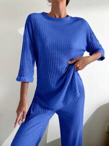 EURMUSE Conjunto de camiseta y pantalones de hombros caídos 100% algodón - azul real - Ver 4