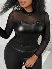 Slaydiva Parte De Arriba De Talla Grande Para Mujer Con Malla Y Parches De Pu - Negro - Ver 2