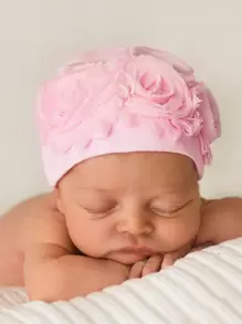 粉色的玫瑰花嬰兒嬰兒拍攝套裝豆豆帽 - 粉色 - 查看 1