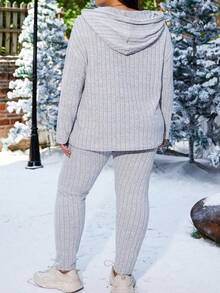 SHEIN CURVE+ Plus Drop Shoulder Hooded Tee & Leggings - Grey - View 2