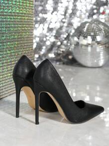 Sexy & Fashionable Women's Black Patent Leather Low Vamp 12cm Stiletto Heel Evening Shoes With Litchi Pattern For Spring & Autumn