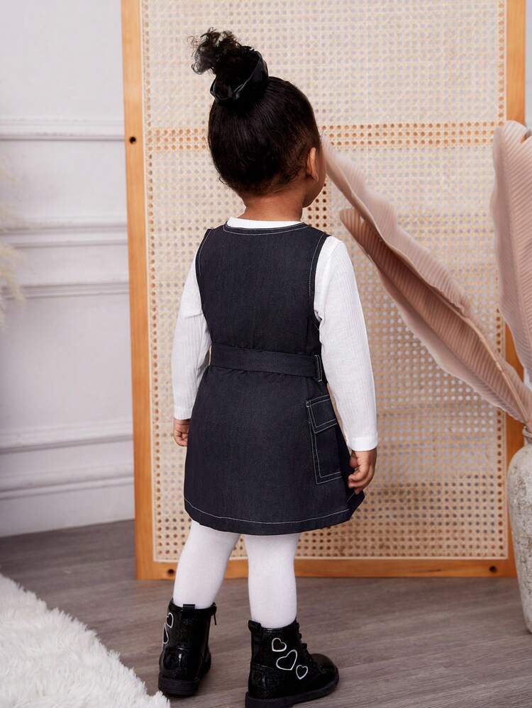 Baby Girls' Denim Effect Printed Tank Dress And T-Shirt Set