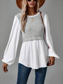 SHEIN LUNE 撞色燈籠袖二合一上衣 - 淺灰色 - 查看 4