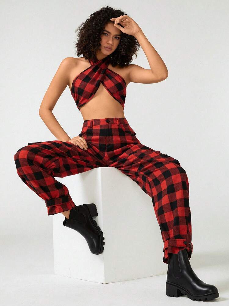 Designer Women Plaid Print Flap Pocket Side Cargo Bubble Pants, For Summer, Holiday